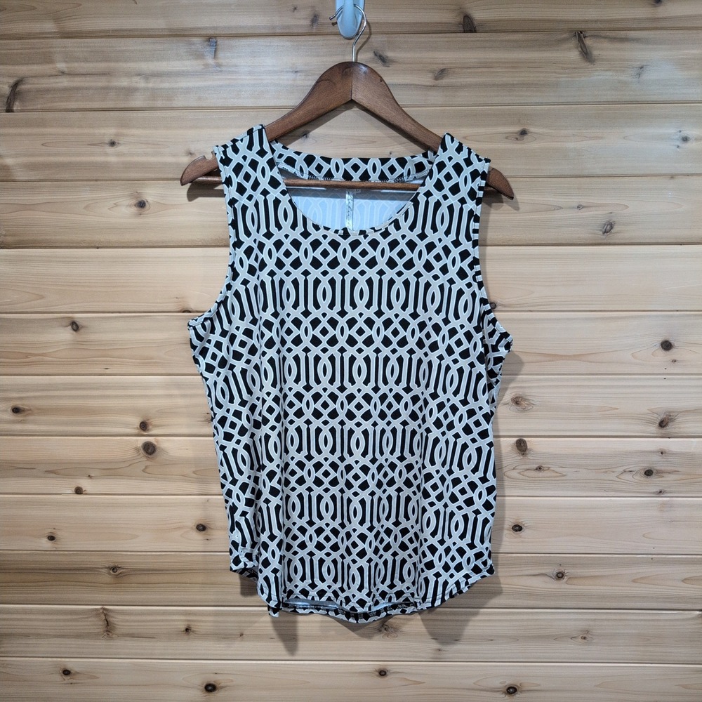 Lulu-B Geometric Trellis Tank Top Womens Large Black Tan Sleeveless Stretch